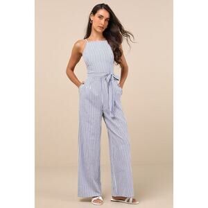 Lulus Messina Blue Striped Wide-leg Jumpsuit - Size M